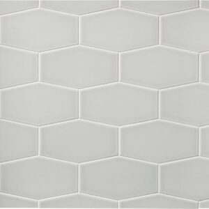 Detail of light grey elongated hex floor tile.
