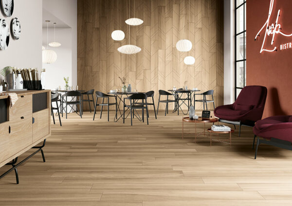 A Bistro with ceramic flooring and wood wall tiling