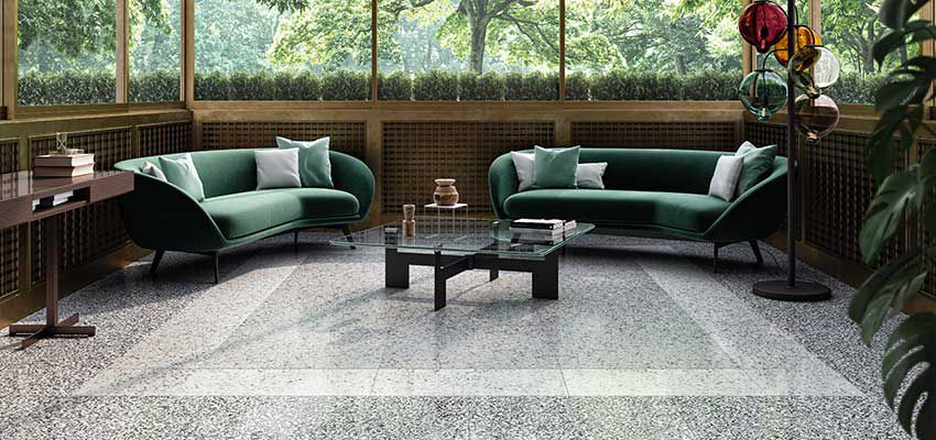 A terrace designed with custom stone tile flooring