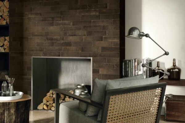 Brick-look tile for fireplace.