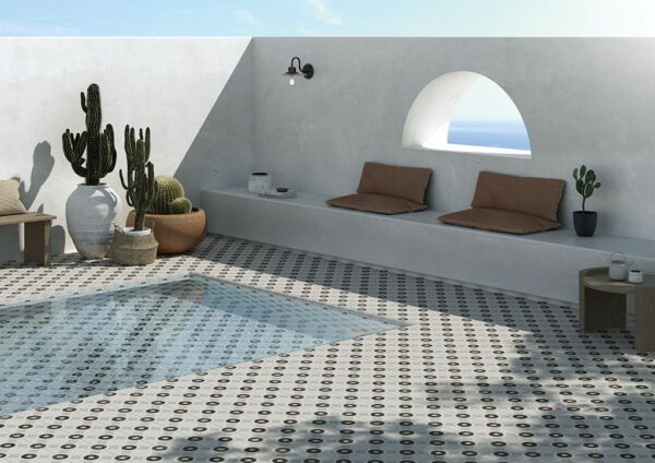 Outdoor tile for in-ground pool space.
