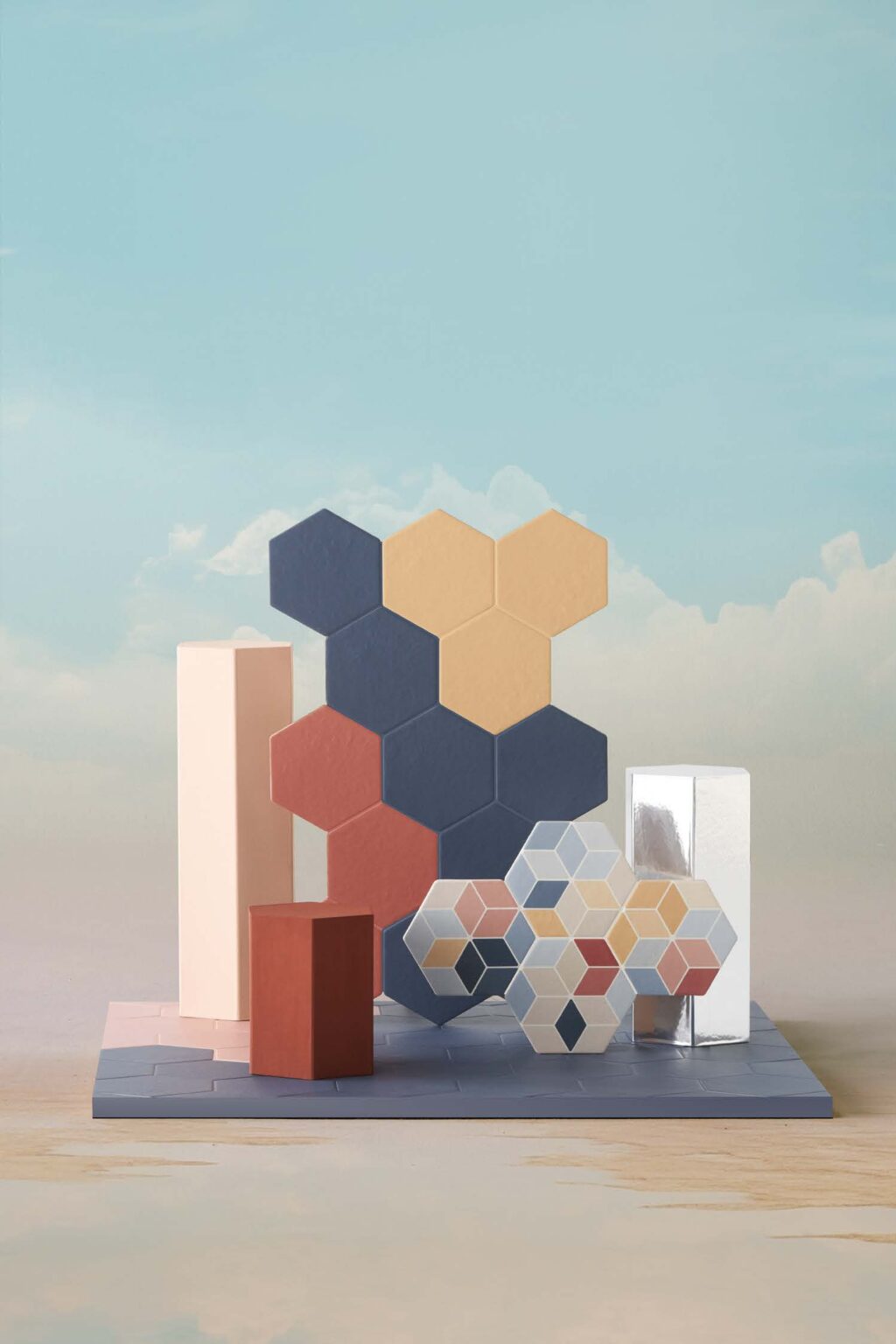 pink, blue, yellow stacked hexagon tile 3d rendered display