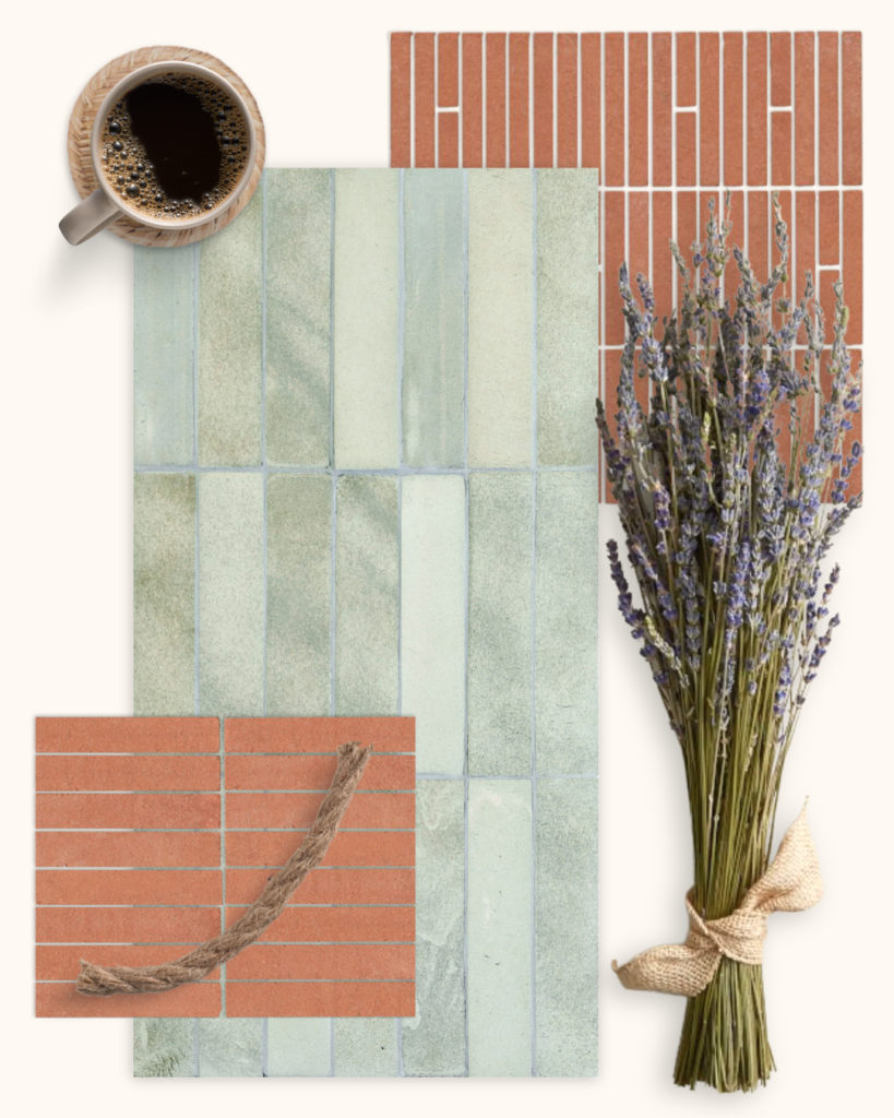 A coffee cup, assorted terracotta subway tiles and mosaics, and a bundle of dried lavender.