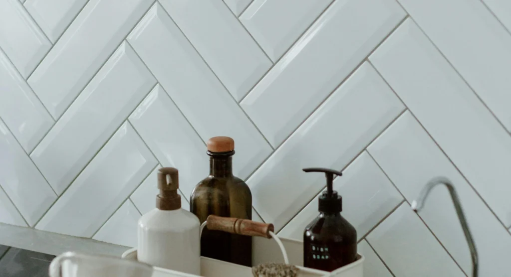 white herringbone tile pattern in a modern kitchen