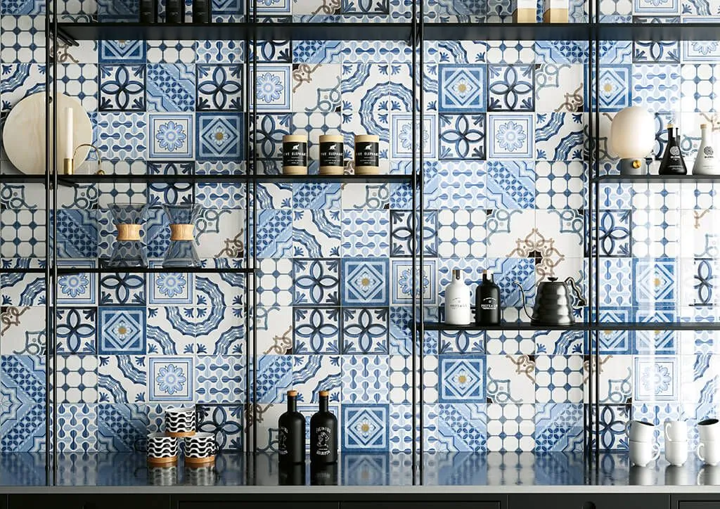 Dark blue patterned tile from Clementine Shiny by Fioranese on a kitchen backsplash